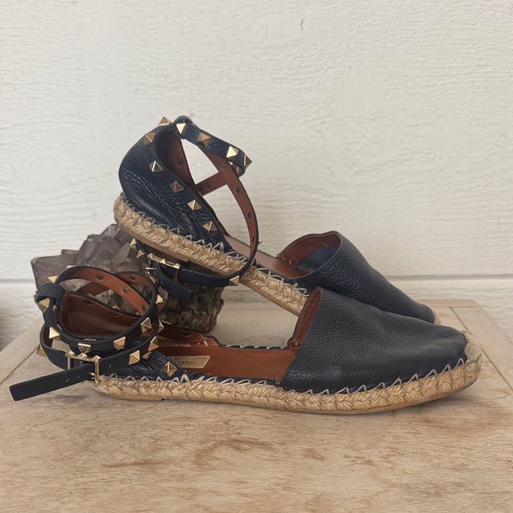 Valentino Garavani Black Espadrille Flats with Studded Straps